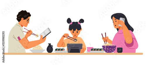 Gadget-addicted Asian family at dinner table flat vector illustration isolated on white. Parents and child using tablets and smartphone while eating.