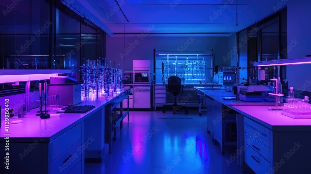 Modern Laboratory Interior Illuminated With Blue and Pink Lighting Modern Laboratory Interior Illuminated With Blue and Pink Lighting