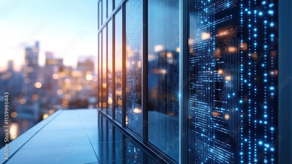 Fototapeta premium Abstract representation of a technology-enhanced workspace with a dot pattern, showcasing a blurred foreground that invites creativity