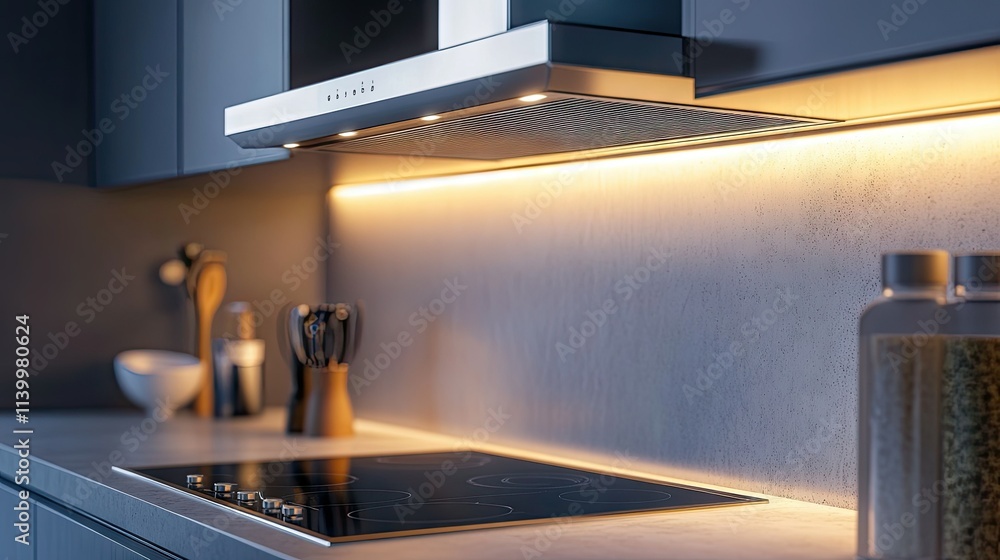 Modern electric hood exhaust installed above a stainless steel stove, glowing softly with built-in LED lighting in a contemporary kitchen. Modern electric hood exhaust installed above a stainless steel stove, glowing softly with built-in LED lighting in a contemporary kitchen.