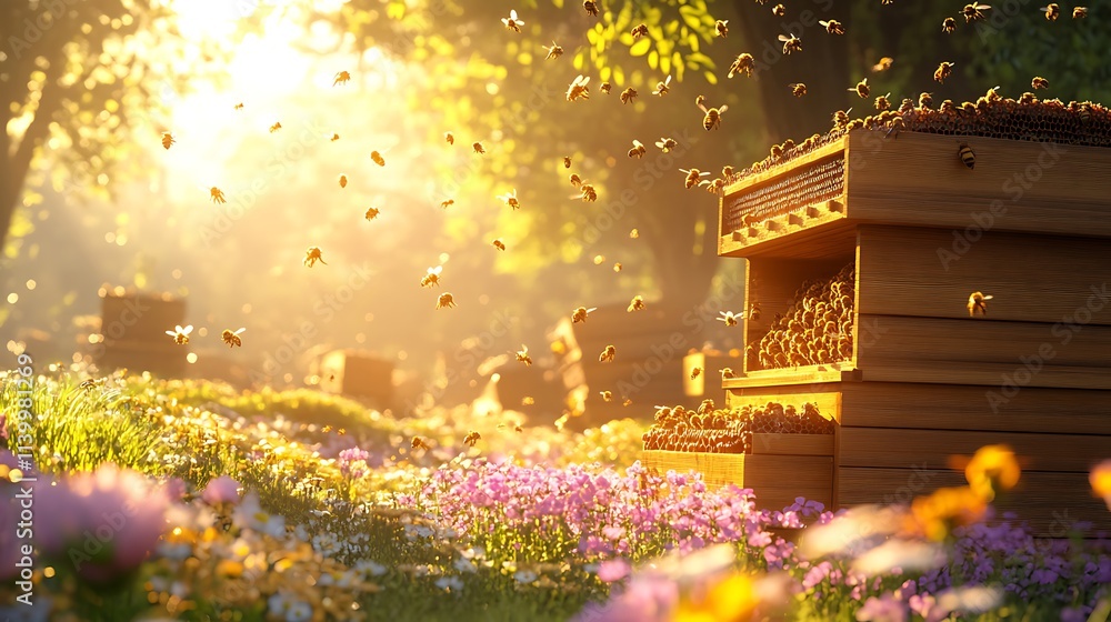 A serene pastoral scene with a beekeeping farm, bees swarming around wooden hives, flowers blooming in vibrant colors, soft golden light of dusk highlighting the activity, peaceful and naturalistic.