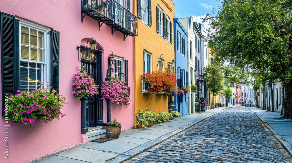 Naklejka premium Rainbow Row, Charleston, South Carolina: A picturesque street of colorful historic houses.