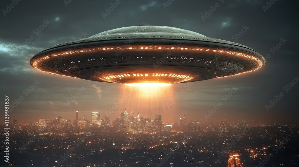 Spaceship hovering over a nighttime cityscape