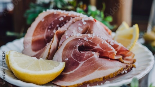 Close-up of delicate ham slices garnished with salt and served with fresh lemon, highlighting culinary artistry photo