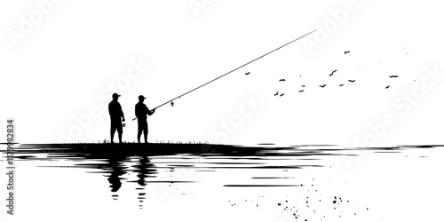 Anglers casting long lines using artificial flies to catch fish in rivers, standing in shallow waters, Vectorized Art