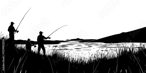 Anglers preparing equipment near fast-moving waters before heading out for fly fishing, Vectorized Art