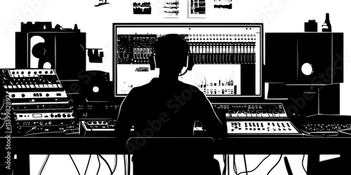 Artist layering electronic sounds using software in a personal studio, Vectorized Art