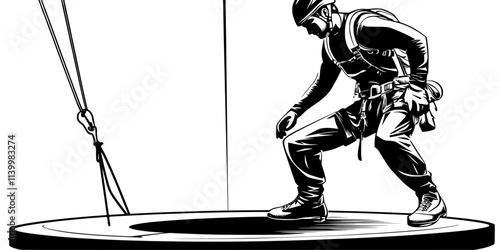 Bungee jumper adjusting helmet and safety gear while standing at the edge of a platform, Vectorized Art