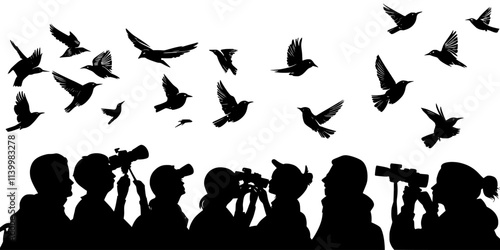 Birding enthusiasts patiently waiting with cameras ready, aiming to capture birds mid-flight, Vectorized Art