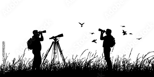 Birdwatchers setting up spotting scopes in open fields, watching birds on traditional migration routes, Vectorized Art