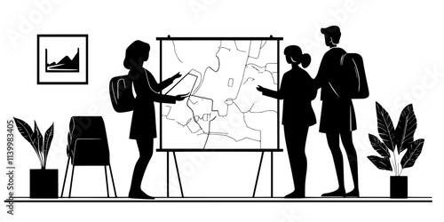 Family member reviewing map and planning stops for a road trip, Vectorized Art