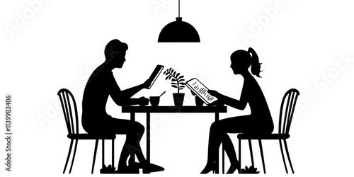 Family booking accommodation online for multiple guests, sitting together at a table, Vectorized Art