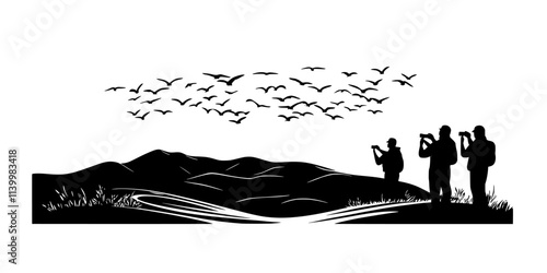 Enthusiasts watching flocks during migration peaks, documenting flight paths over geographical areas, Vectorized Art