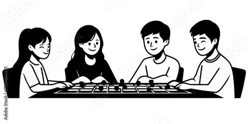 Family members sitting around a table taking turns moving pieces across the game board, Vectorized Art