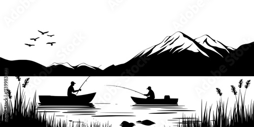 Fishers launching boats into calm lakes for a day of fishing, Vectorized Art