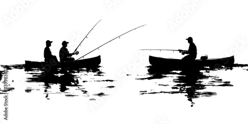 Fishers managing both paddling and casting techniques, keeping steady pace on calm waters, Vectorized Art