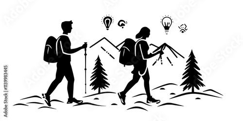 Fitness tracker logging distance covered during a hike in a mountainous region, Vectorized Art