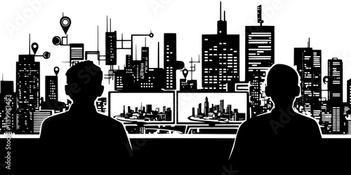 Gamers controlling a virtual city, placing buildings and managing resources to ensure success, Vectorized Art