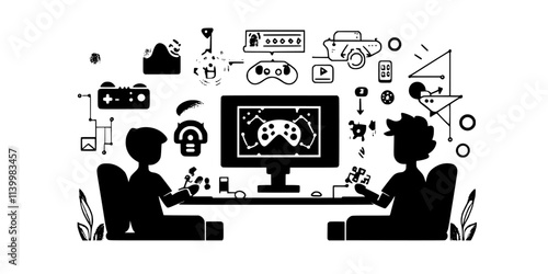 Gamers balancing exploration and character progression while completing missions, Vectorized Art