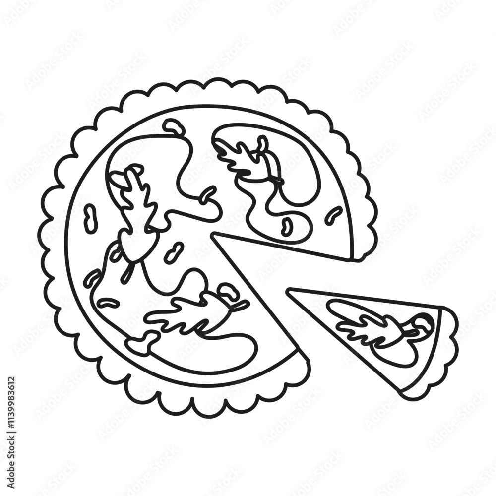 Isolated black and white French quiche pie on a white background hand drawn Isolated black and white French quiche pie on a white background hand drawn