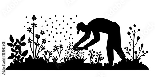 Gardener spreading organic soil in garden beds to improve plant growth, Vectorized Art