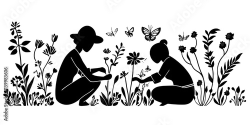 Gardener weeding around pollinator plants to maintain healthy garden growth, Vectorized Art