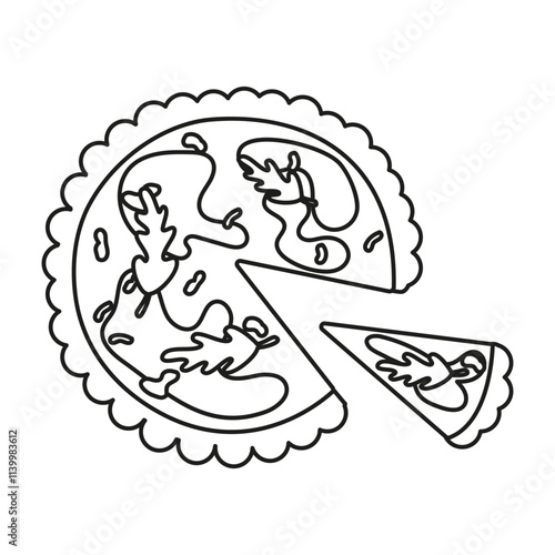 Isolated black and white French quiche pie on a white background hand drawn