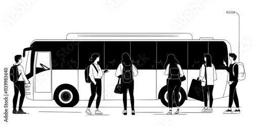 Group preparing to board a bus together for a vacation excursion, Vectorized Art