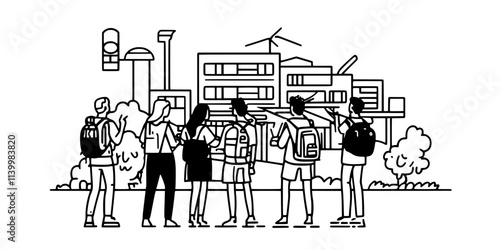 Guests participating in a guided tour of renewable energy projects at a sustainable resort, Vectorized Art