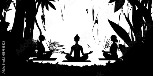 Guests practicing yoga in a secluded clearing during a nature retreat focused on wellness, Vectorized Art