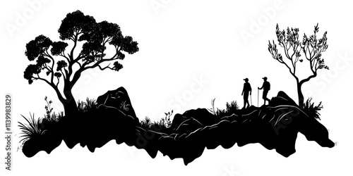 Hikers navigating rocky terrain on a nature trail within a protected park, Vectorized Art