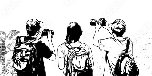 Guests photographing murals during a street art walking tour, Vectorized Art