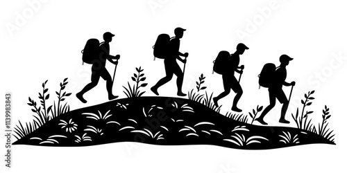 Hikers ascending a steep incline during a nature trail exploration, Vectorized Art