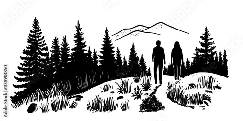 Hikers walking along a forest trail following clearly marked paths through natural terrain, Vectorized Art