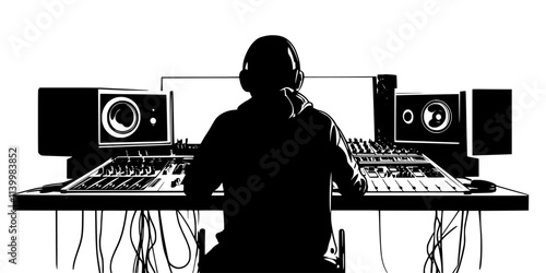 Individual adjusting audio levels during a session while recording hip-hop music, Vectorized Art