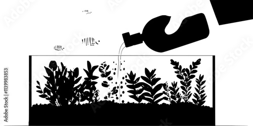 Person adding liquid fertilizer into a planted aquarium to nourish aquatic plants, Vectorized Art