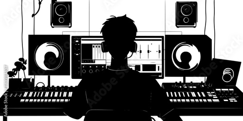 Individual adjusting audio levels while mixing classical music tracks, Vectorized Art