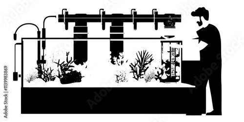 Person adjusting protein skimmer in a reef tank for optimal filtration, Vectorized Art