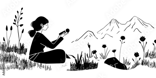 Individual capturing ambient sounds in a natural environment with a recorder, Vectorized Art