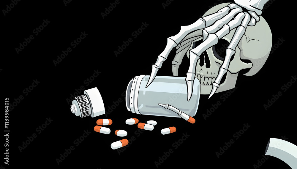 Naklejka premium Bone hand reaching for fallen white plastic drug bottle and capsules fallen on black background. Skull in the background. Addiction and dark moody or horror concept isolated . Shades of white., p