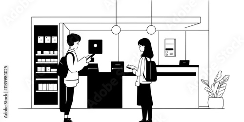 Individual exchanging currency for a trip at a local foreign exchange office, Vectorized Art