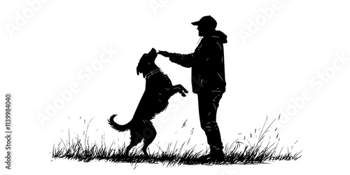 Individual guiding a dog to stand on its hind legs during a trick demonstration, Vectorized Art