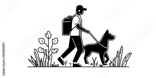 Individual guiding a dog to stand on its hind legs during a trick demonstration, Vectorized Art