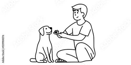Individual holding a treat while guiding a dog into a proper sitting position, Vectorized Art