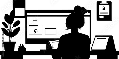 Individual reviewing safety tips for solo travelers on a website, Vectorized Art