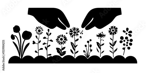 Individual sowing seeds for native wildflowers that support pollinators in a garden, Vectorized Art