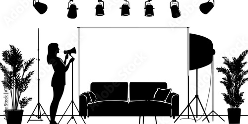 Individual setting up microphones for recording a concert in a venue, Vectorized Art