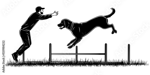 Individual signaling a dog to leap over hurdles in an agility exercise, Vectorized Art