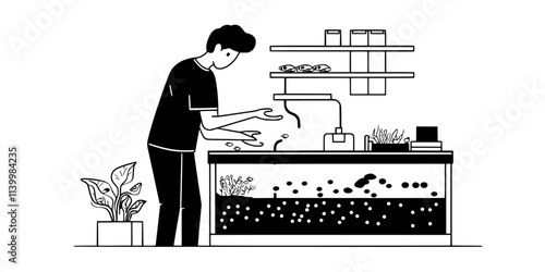 Individual setting up a spawning tank with proper hiding places for fish eggs, Vectorized Art