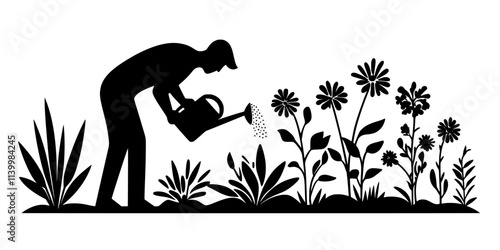 Individual tending to a pollinator garden by watering the plants regularly, Vectorized Art